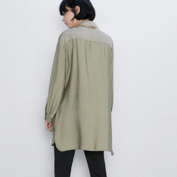 ZARA Shirt Mini Dress Long Sleeve Twisted Accent Viscose Blend Green XS - Picture 4 of 5